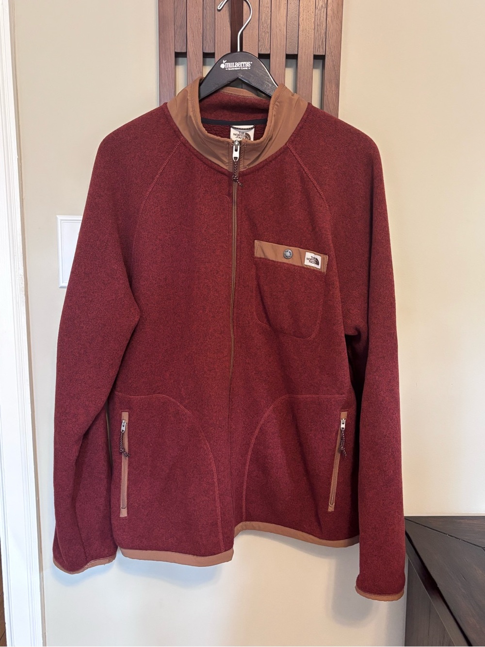 The North Face Men's Burgundy and Tan Fleece Jacket